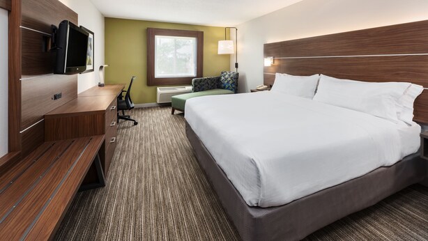 A hotel room with a large bed, a desk with a flat-screen TV, a chair, and a window with a view of trees. - Holiday Inn Express Warrenton by IHG (Warrenton)