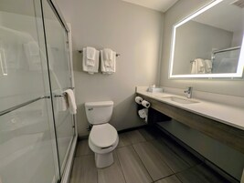 Un baño moderno con cabina de ducha de vidrio, inodoro y tocador con espejo.