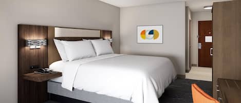 A modern hotel room with a large bed, a bedside table with a phone, a small shelf, and a wall-mounted artwork.