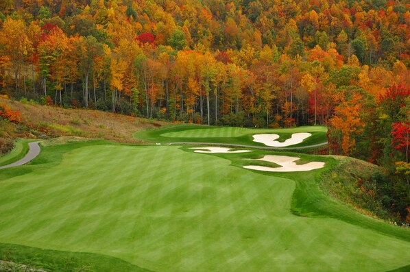 A golf course with a winding path and sand bunkers, surrounded by autumn-colored trees. - Holiday Inn Express & Suites Carbondale - University Area by IHG (Carbondale)