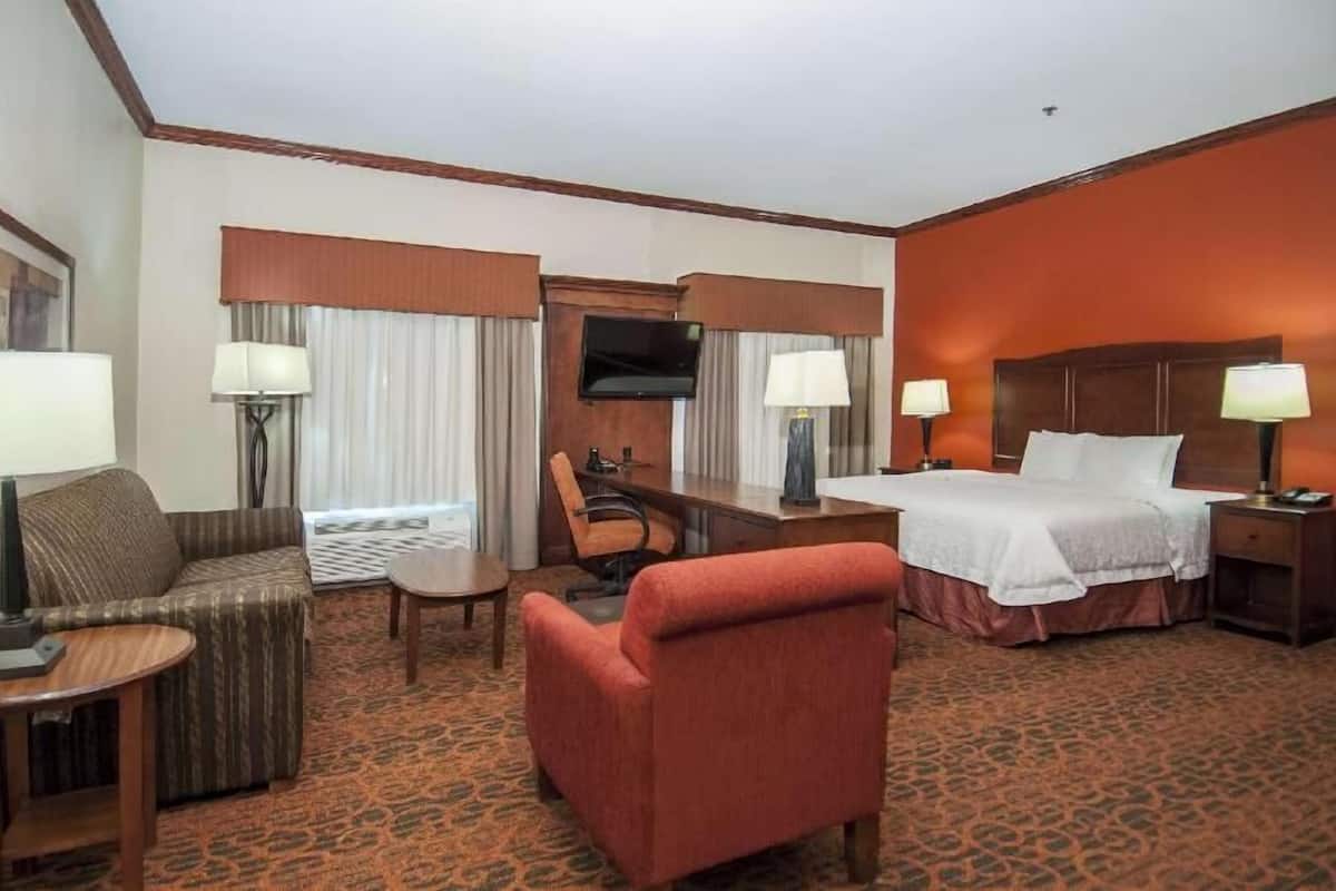 Una habitación de hotel con cama, escritorio, silla, sofá y televisor.