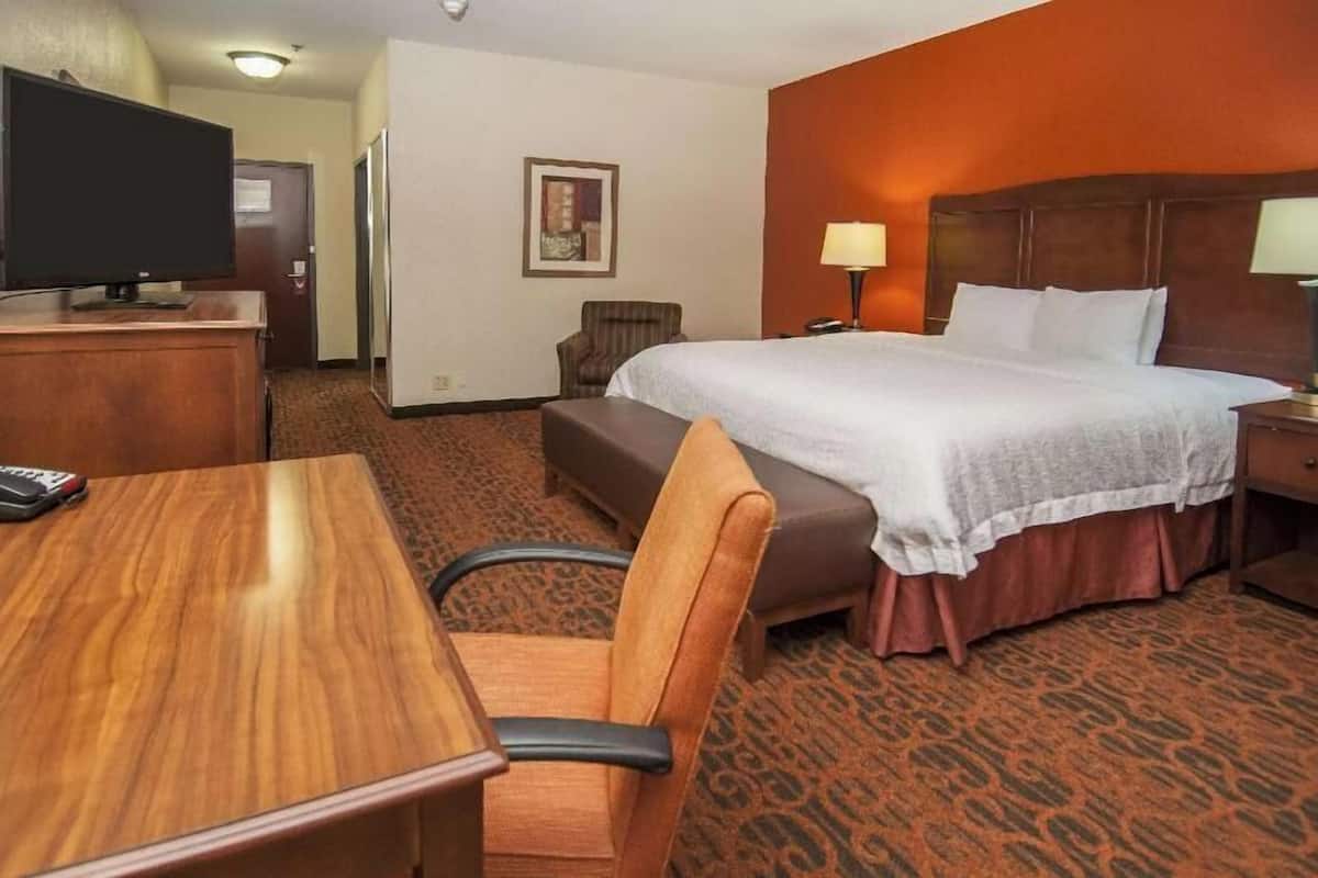 Habitación de hotel con cama, escritorio, silla, televisión, lámpara y un cuadro en la pared.