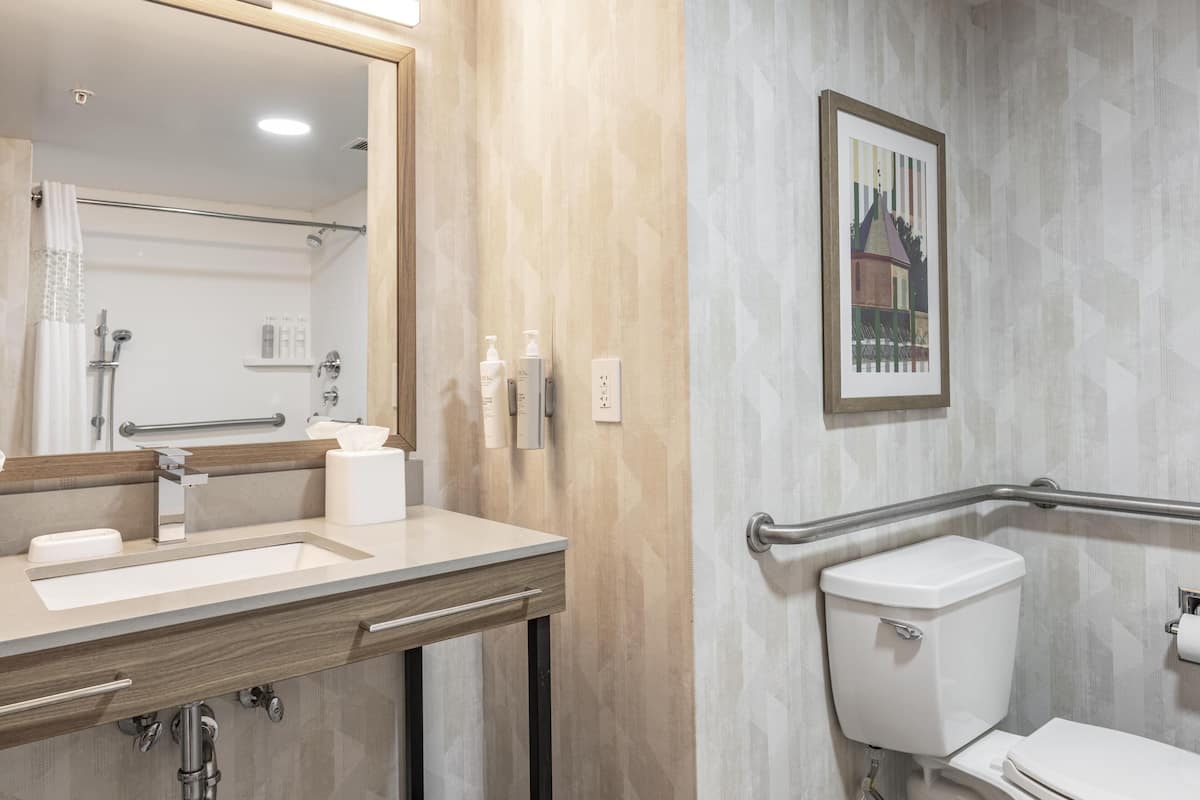 Een badkamer met een wastafel, spiegel, toilet en handsteunen.