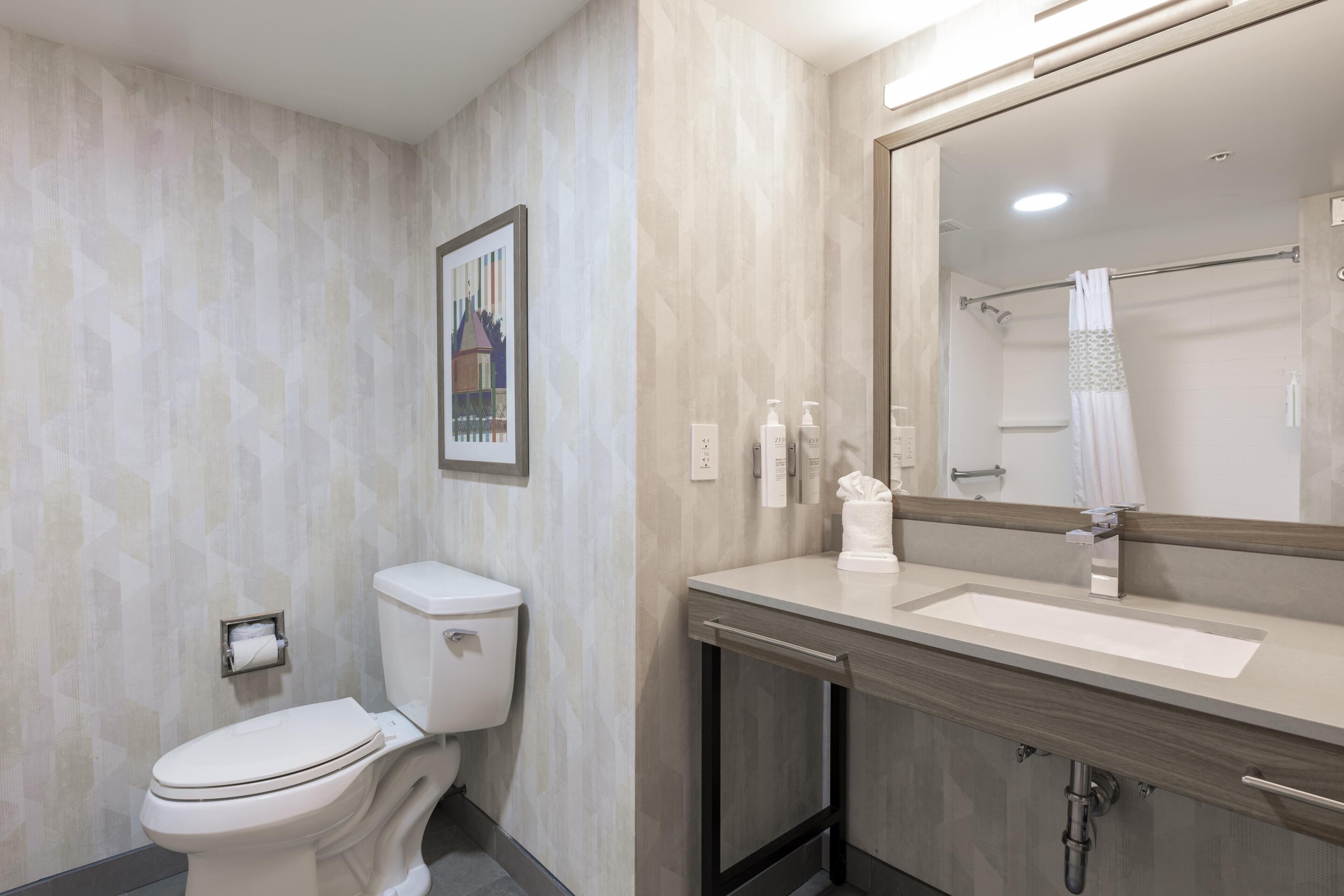 Une salle de bain équipée de toilettes, d’un lavabo, d’un miroir et d’un rideau de douche.