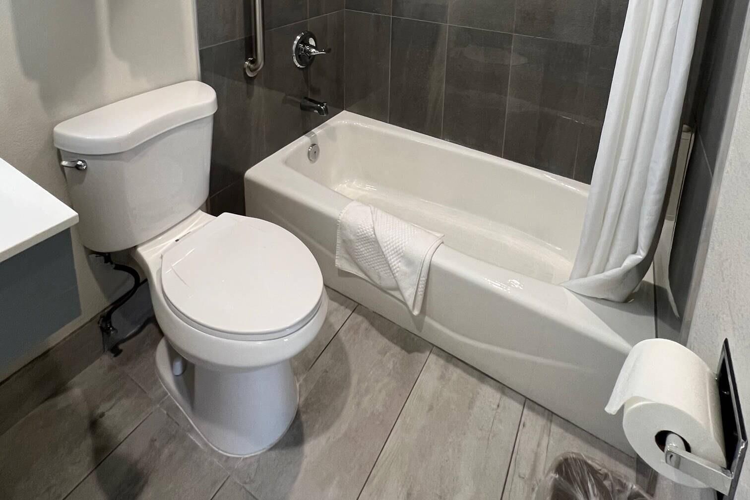 A bathroom with a toilet, bathtub, and a shower area.