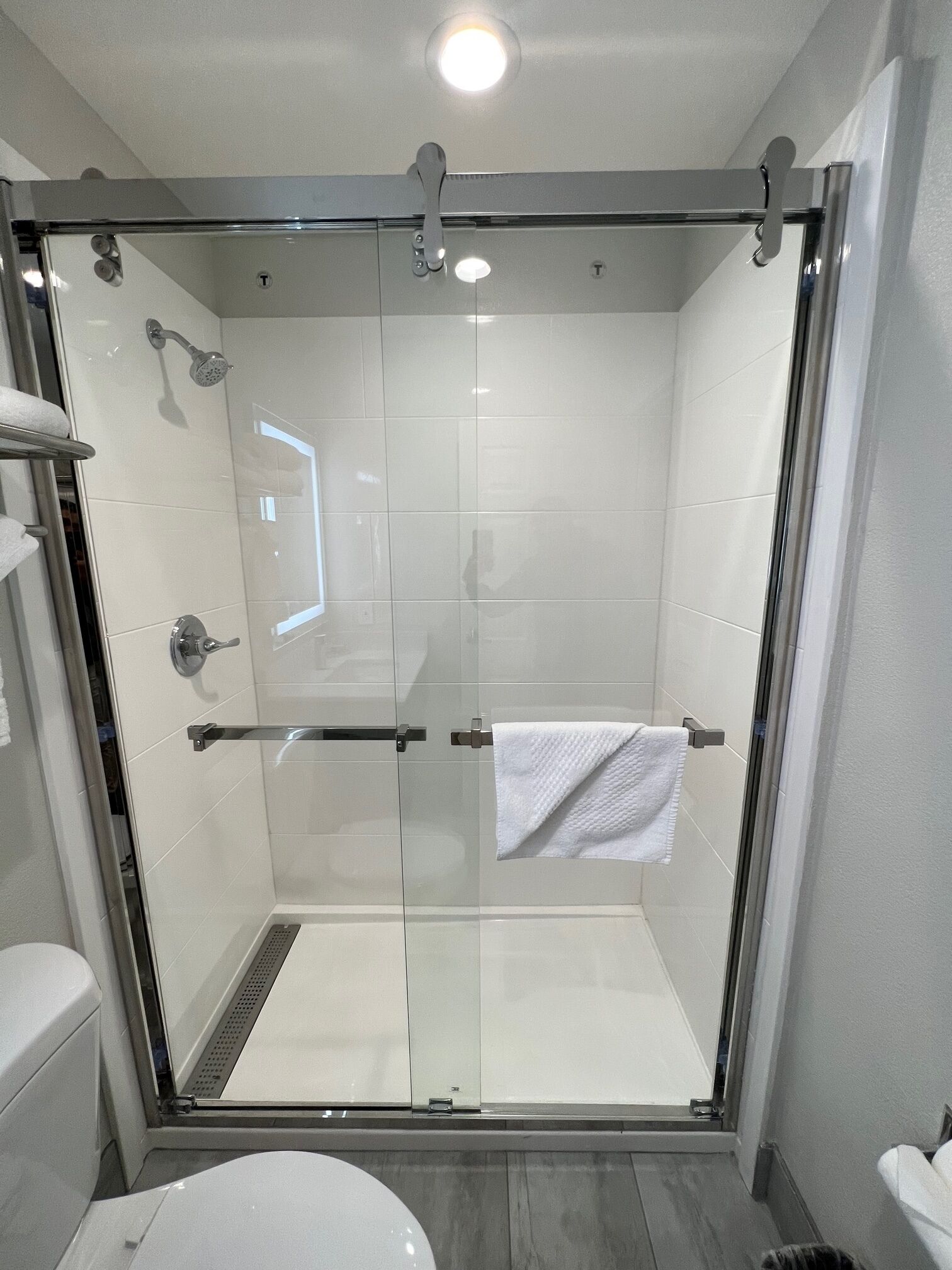 A modern bathroom with a glass-enclosed shower, a white toilet, and a glass shower door.