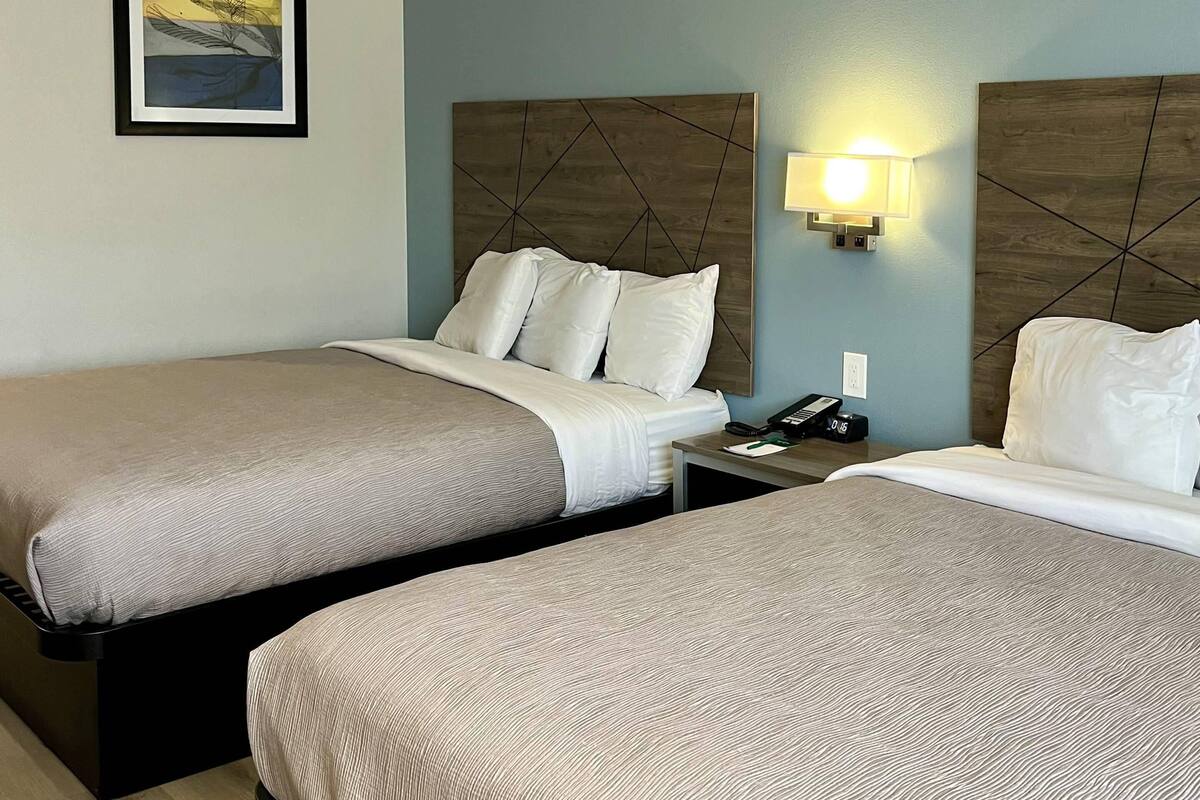 A hotel room with two beds, a nightstand, a lamp, and a framed picture on the wall.