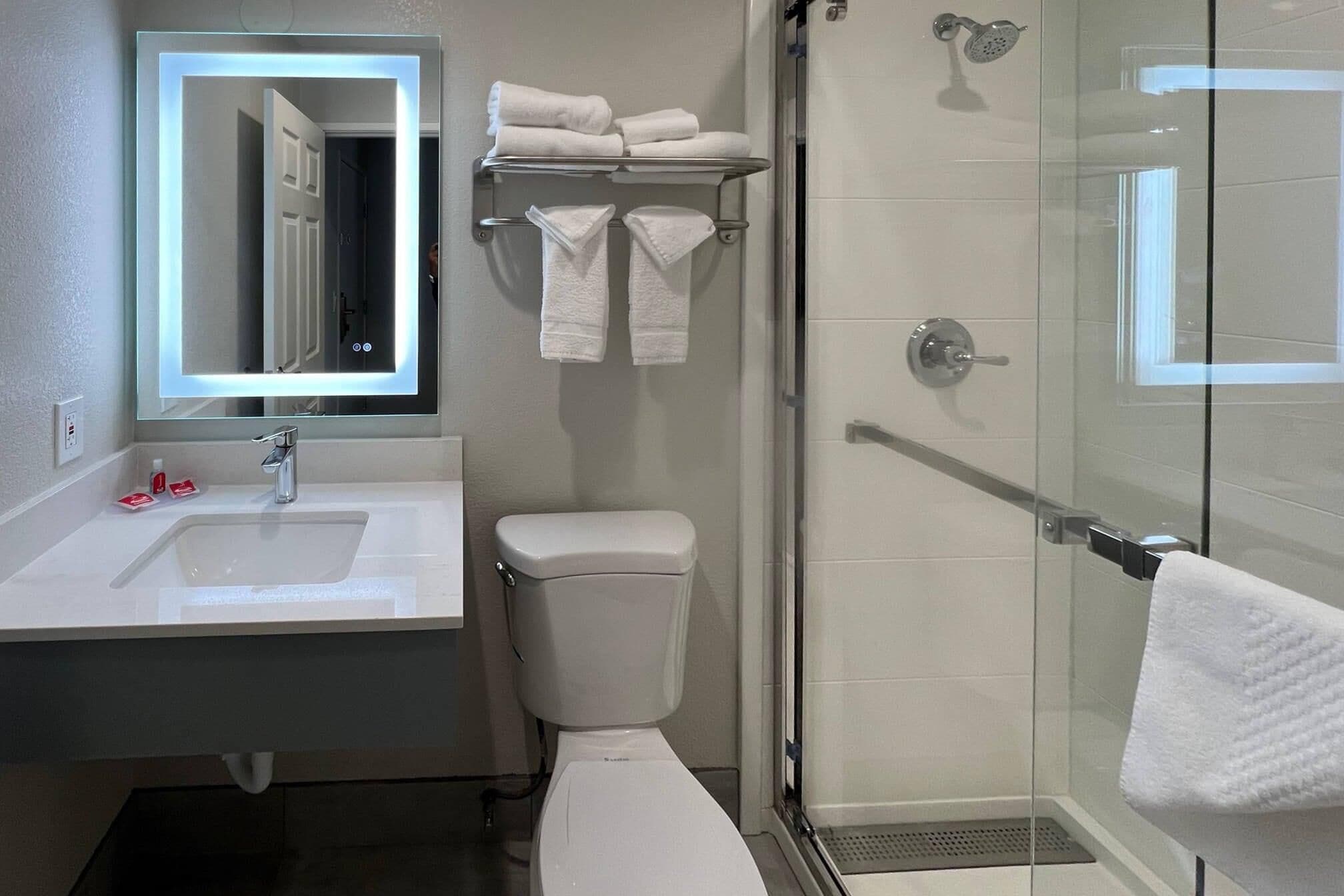 A modern bathroom with a glass shower enclosure, a toilet, a sink with a mirror, and a towel rack.