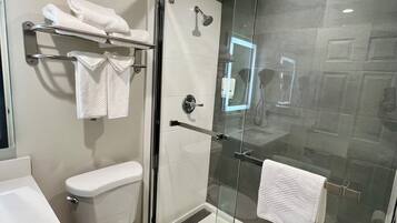 Hair dryer, towels, soap, shampoo