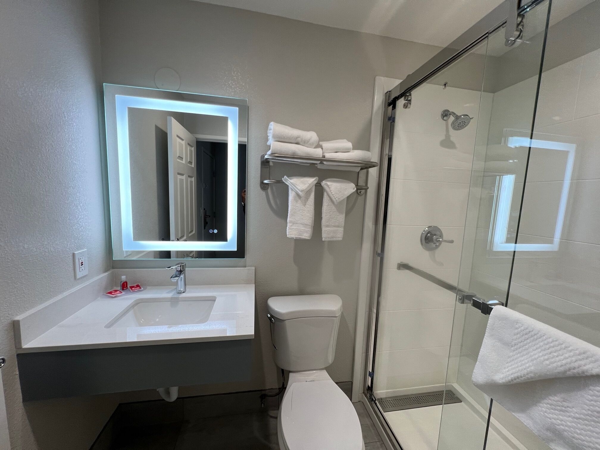 A modern bathroom with a glass shower enclosure, a white sink, and a toilet.