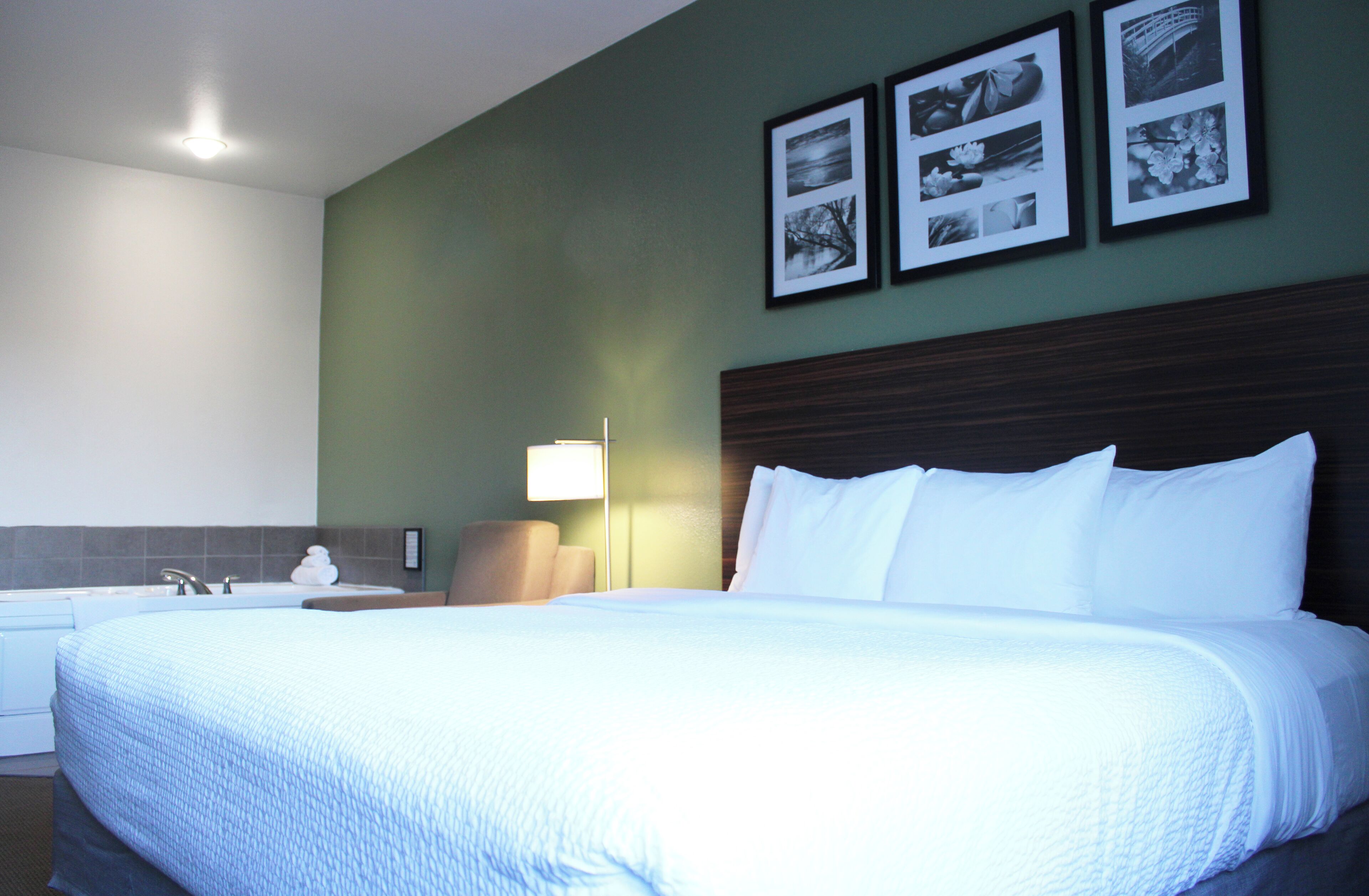 Quarto de hotel com uma cama grande, mesa de cabeceira, luminária e um quadro na parede.