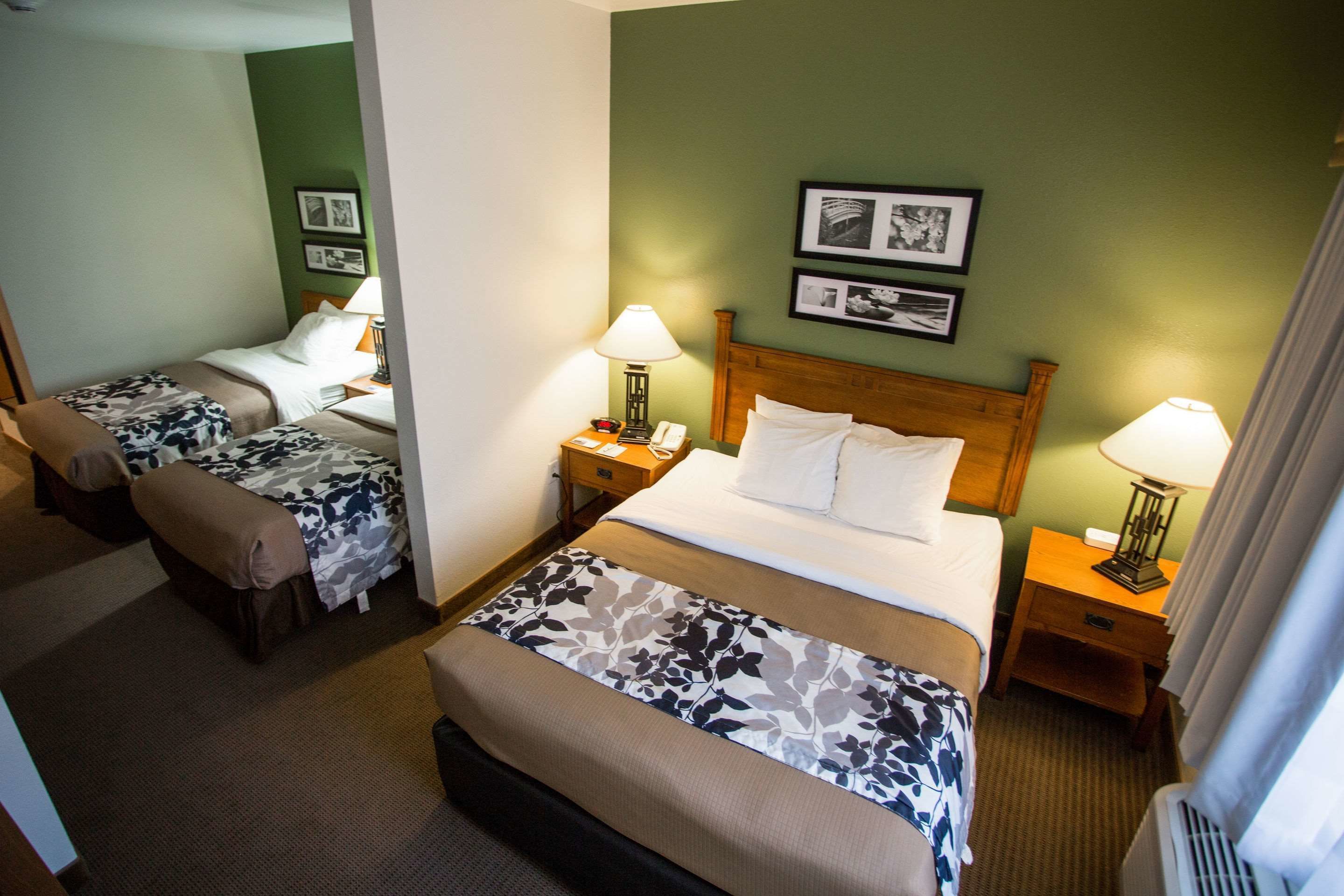 Une chambre d’hôtel avec deux lits simples, une tête de lit en bois, des tables de chevet avec des lampes et des tableaux encadrés au mur.
