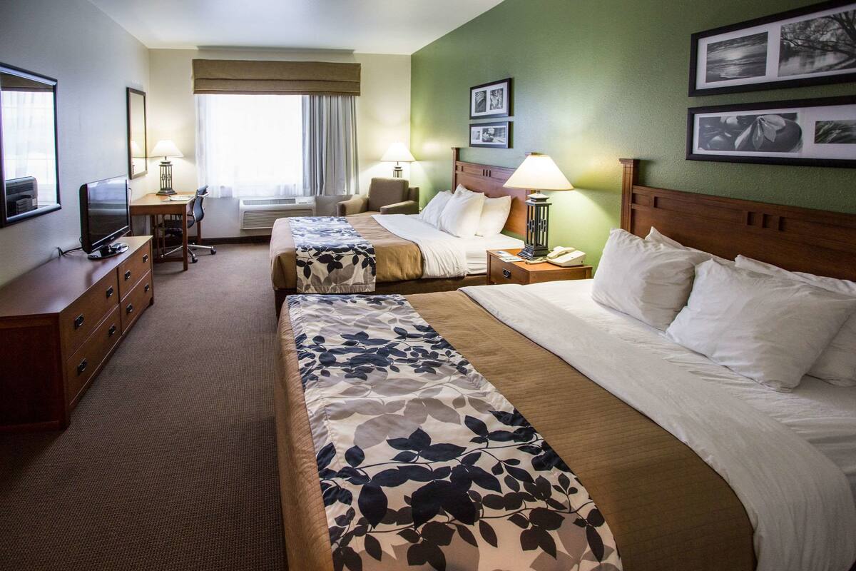 A hotel room with two beds, a desk with a chair, a television, and a window with curtains.