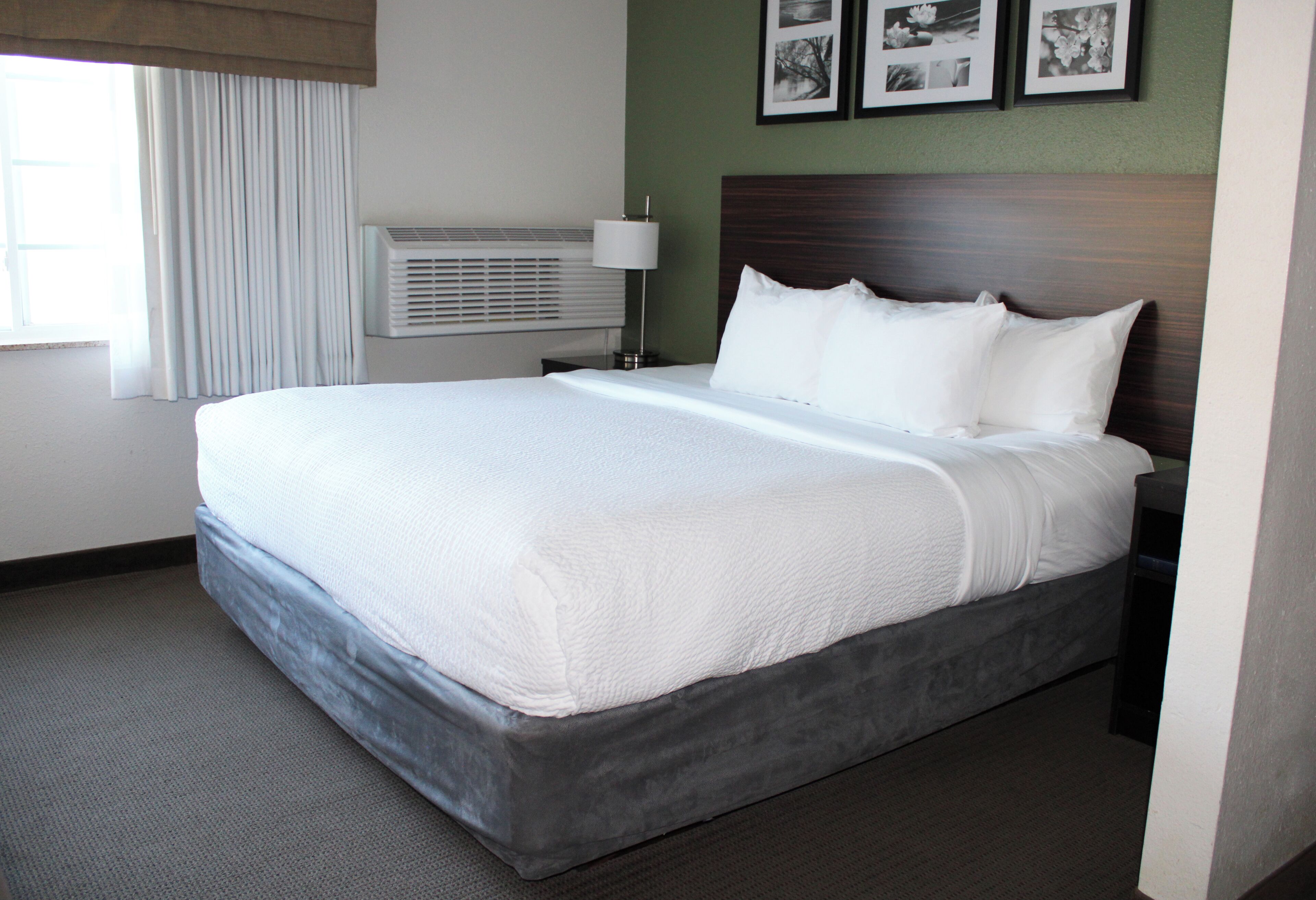 A hotel room with a large bed, a bedside table, a lamp, and a wall-mounted air conditioner.