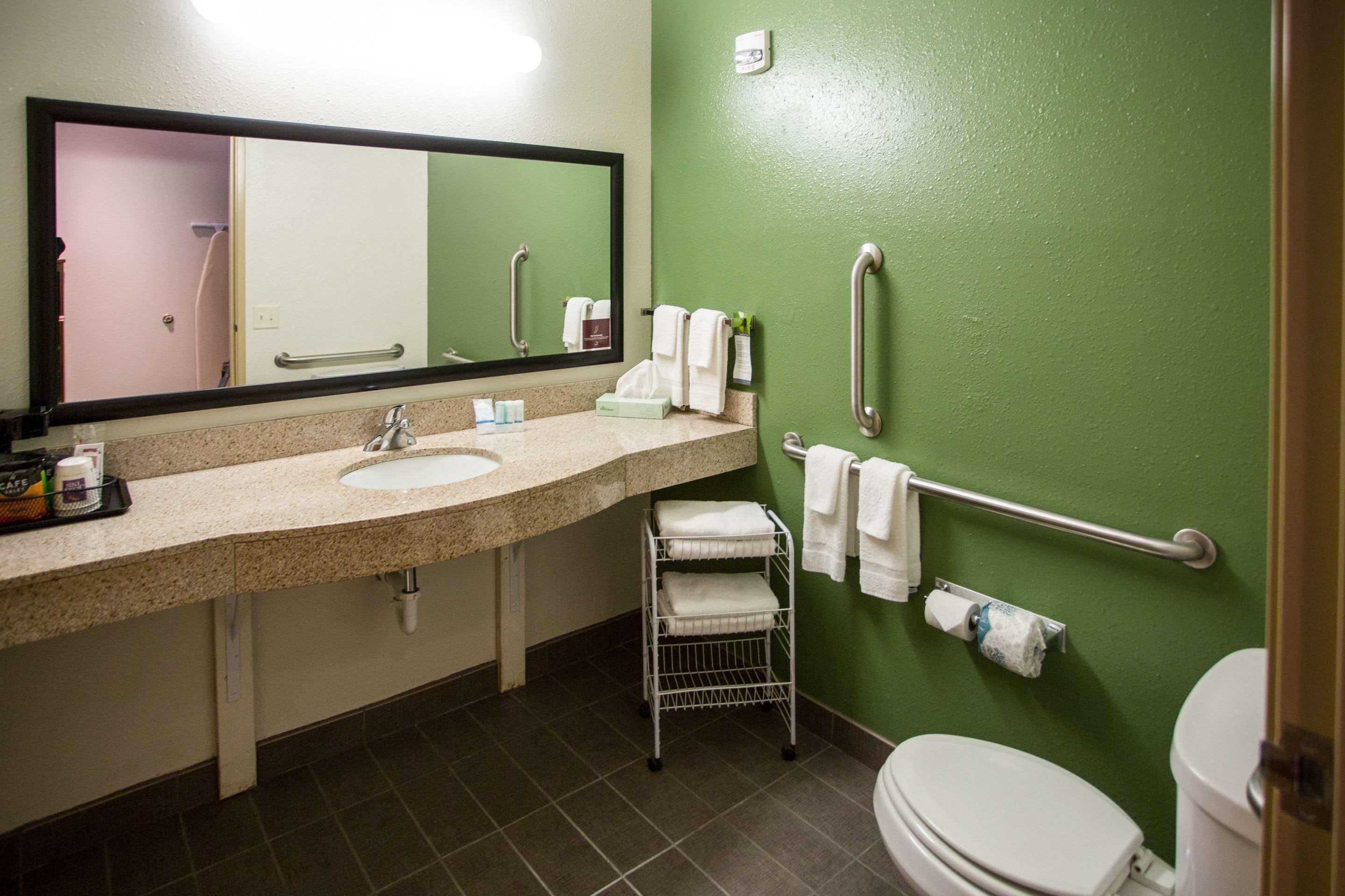 Ein Badezimmer mit Waschbecken, Spiegel, Handtuchhalter und Toilette.