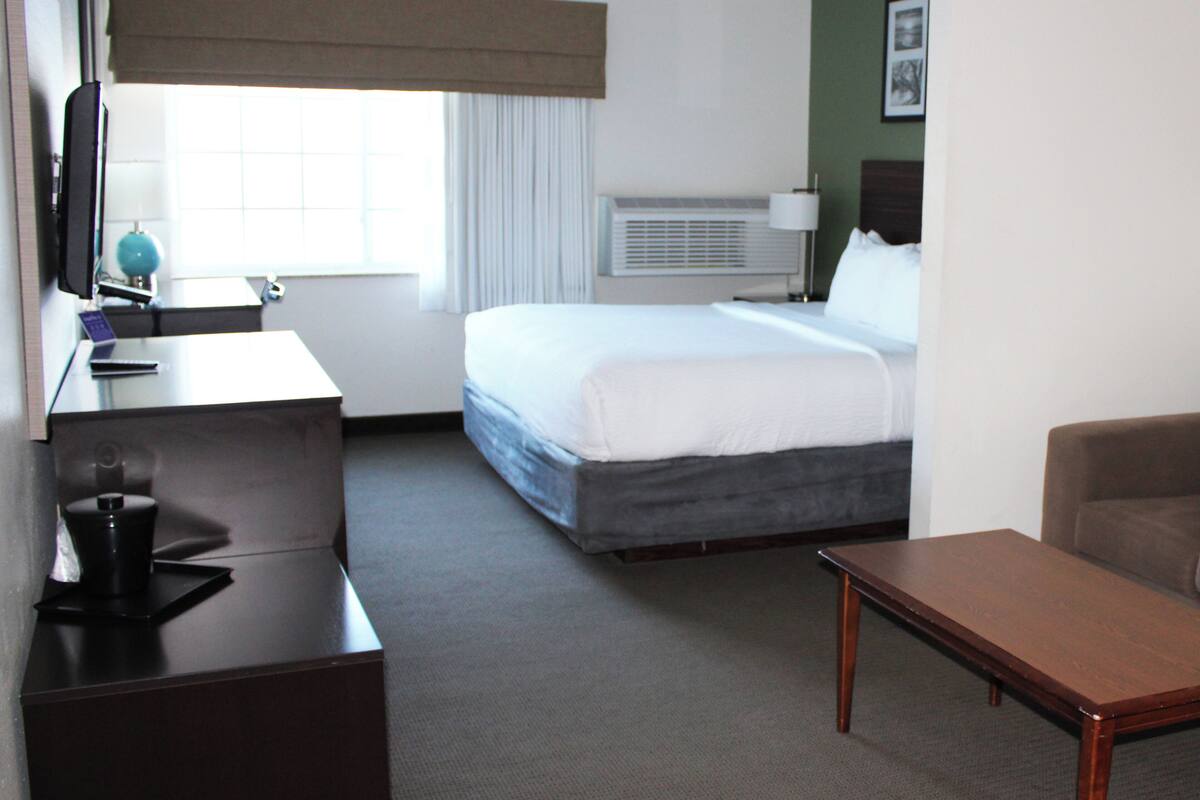 A hotel room with a bed, a desk, a chair, a television, and a window with curtains.