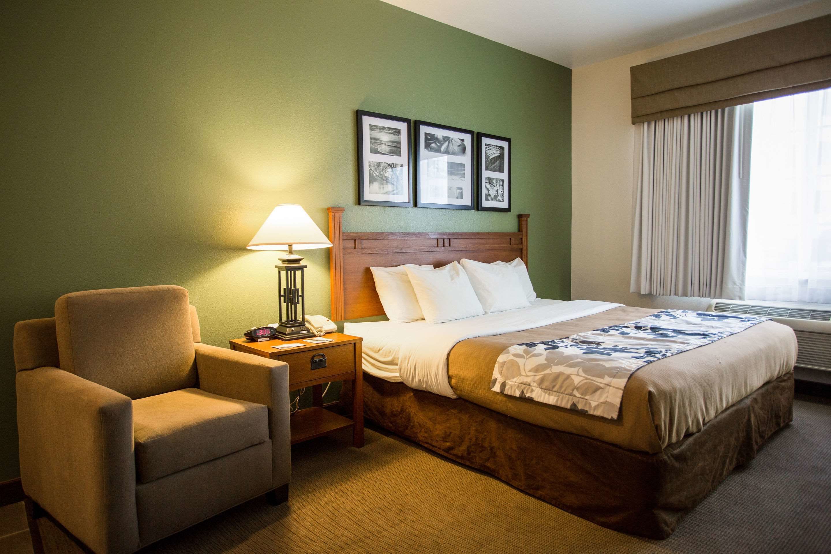 A hotel room with a bed, a chair, a nightstand with a lamp, and framed pictures on the wall.