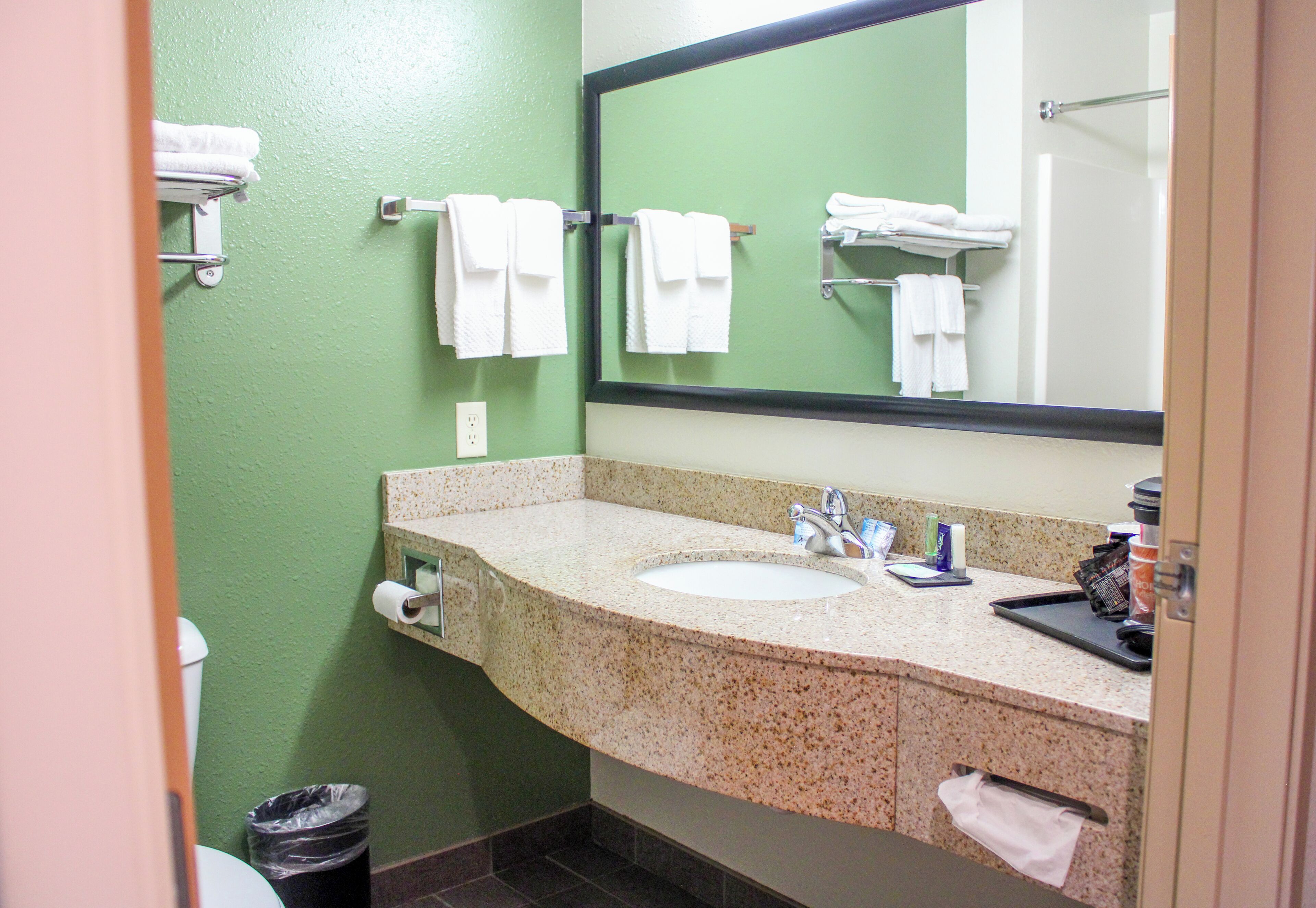 Une salle de bain avec un lavabo, un miroir et un porte-serviettes.
