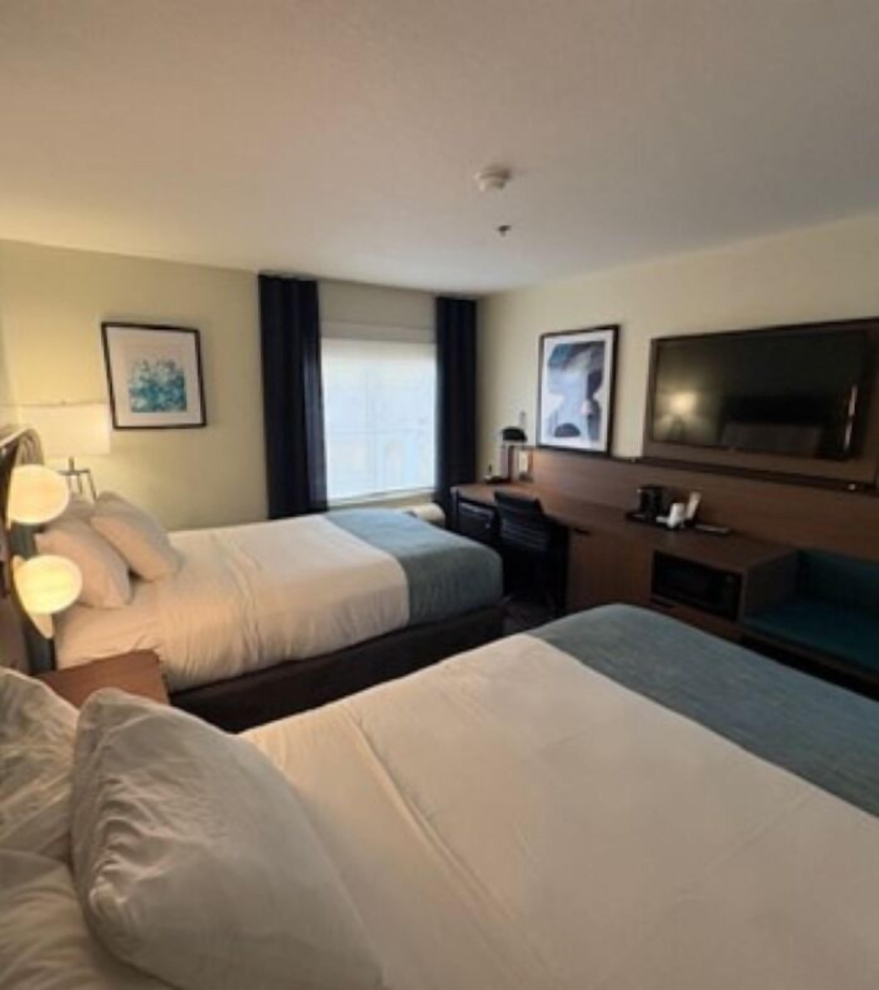 hypo-allergenic bedding, desk, laptop workspace, blackout curtains