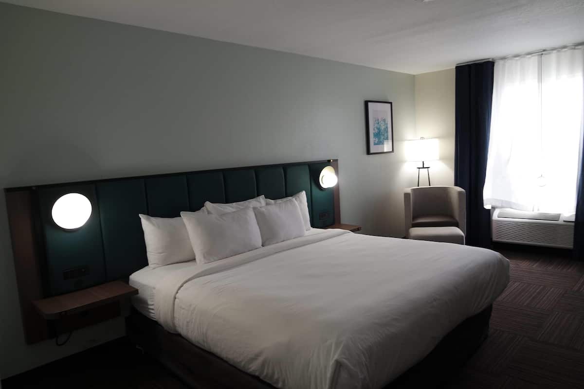 Hypo-allergenic bedding, desk, laptop workspace, blackout drapes