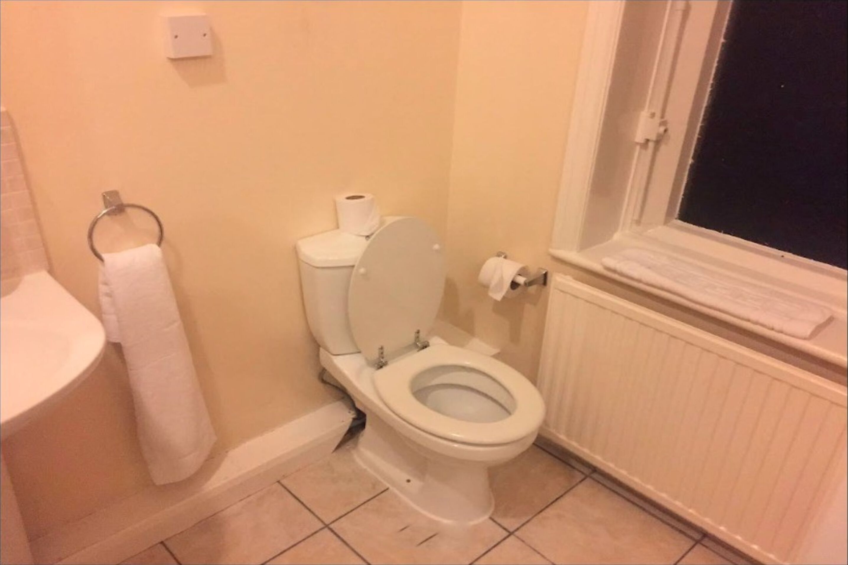 A standard bathroom with a toilet, a sink, and a window.
