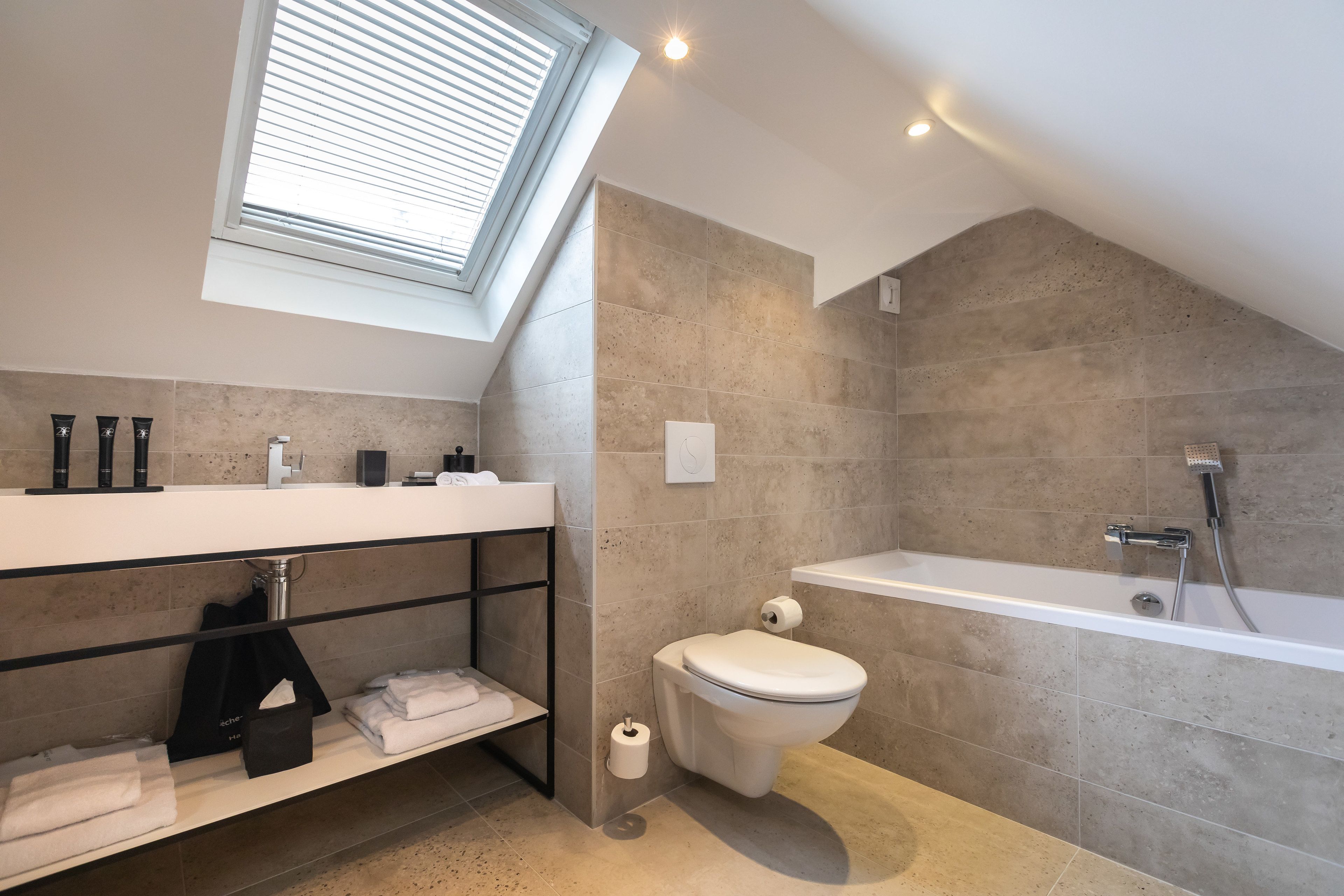 Un baño moderno con tragaluz, bañera e inodoro.
