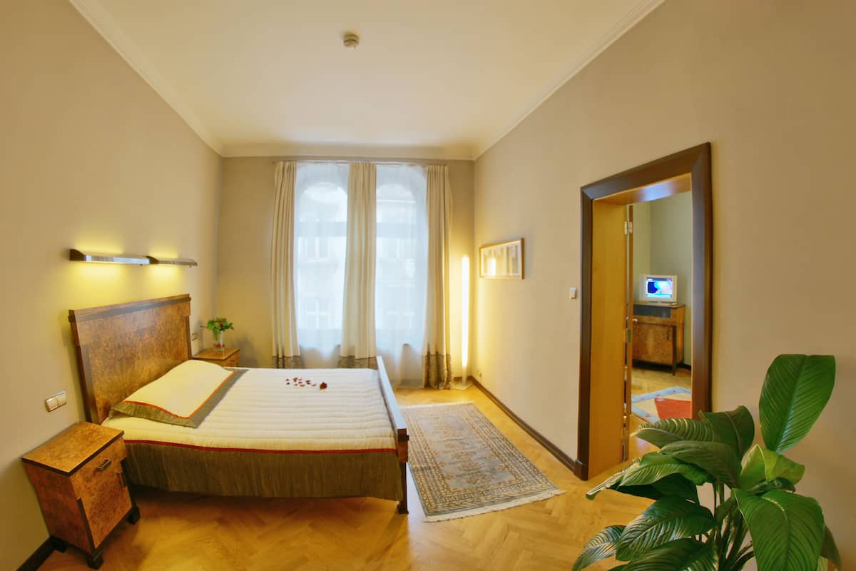 A bedroom with a wooden bed, a nightstand, a bedside table, a mirror, and a potted plant.