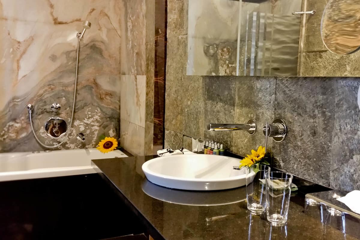 Single Room | Bathroom | Designer toiletries, hair dryer, bathrobes, slippers