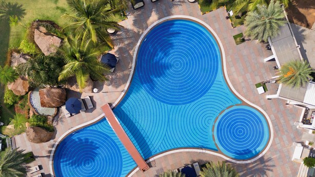 An aerial view of a swimming pool with two distinct sections, surrounded by palm trees and lounge chairs.