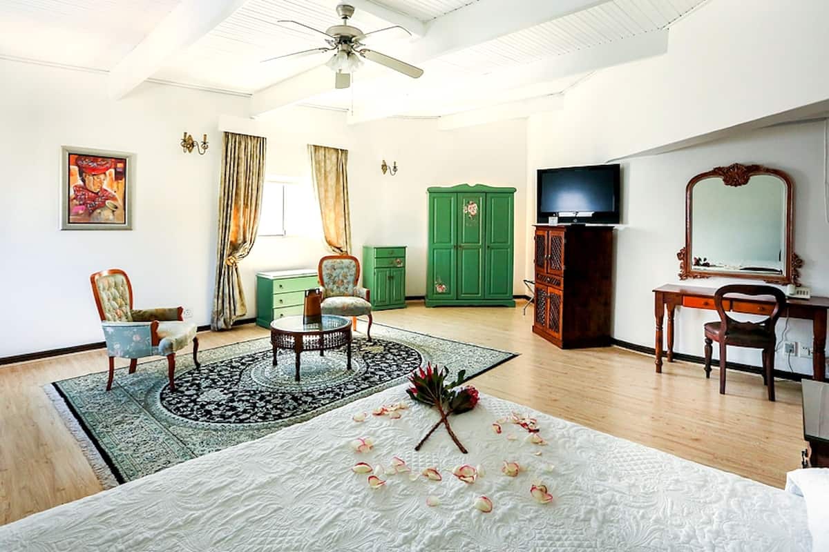 Une chambre spacieuse comprenant un grand lit, un bureau, une chaise, une télévision et une armoire.