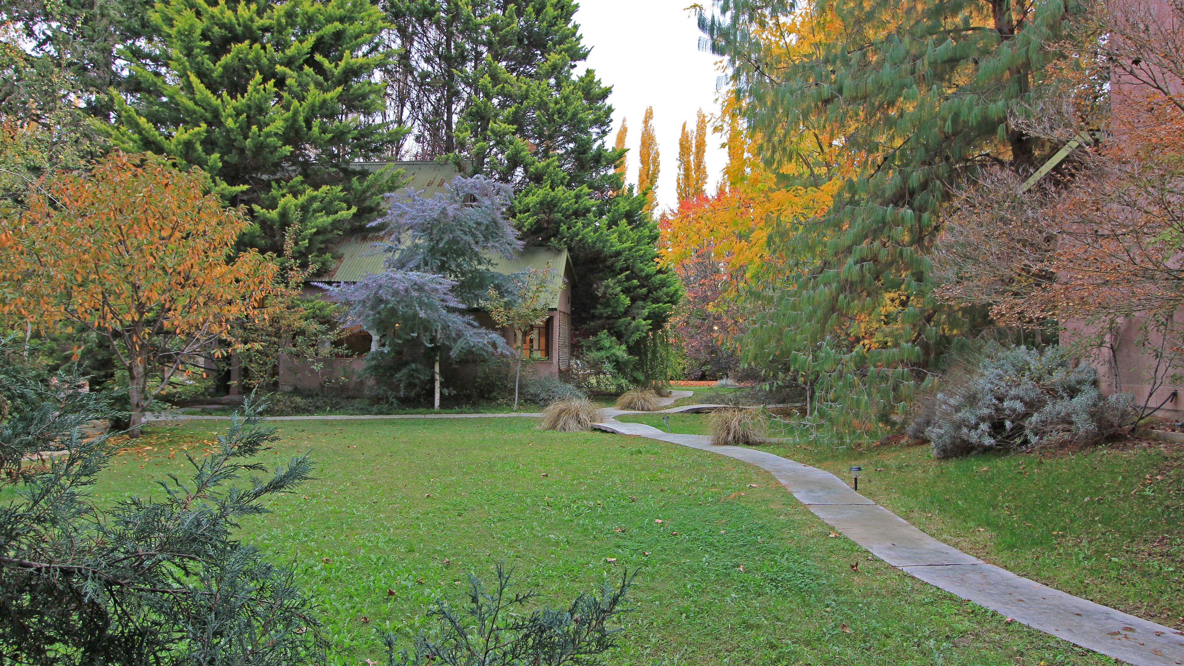 A well-maintained garden with a variety of trees, a winding path, and a building in the background.