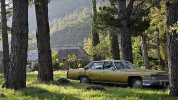 A vintage yellow car parked in a grassy area with trees and a stone building in the background.