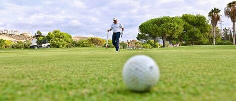 A golf course with a golf ball in the foreground, a golf cart, and a golfer in the distance.