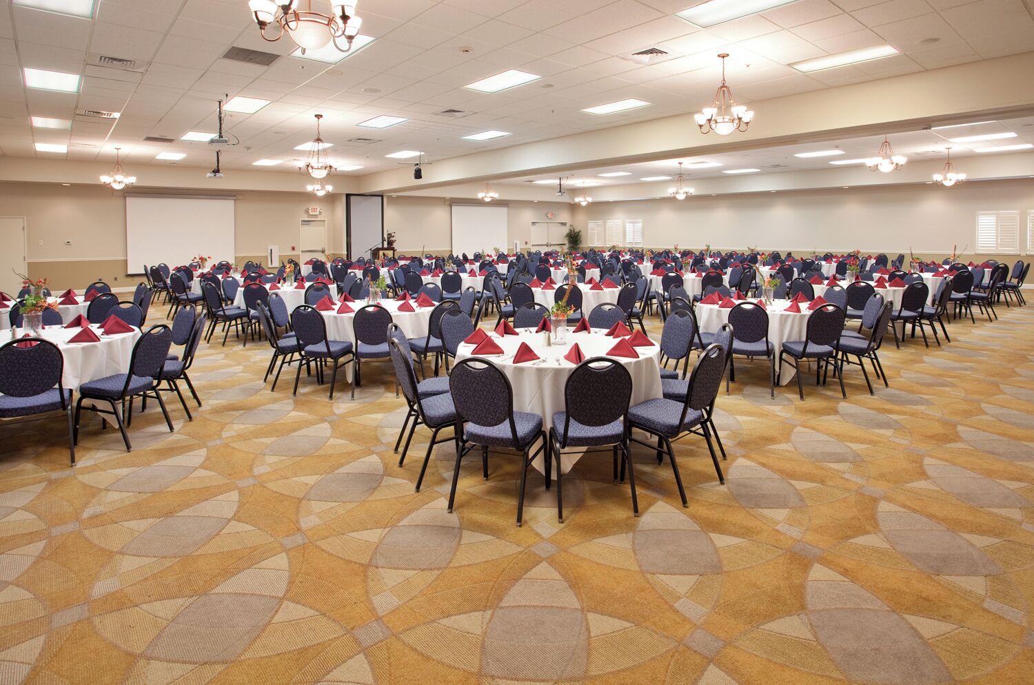 A large banquet hall with round tables and chairs, arranged in rows.
