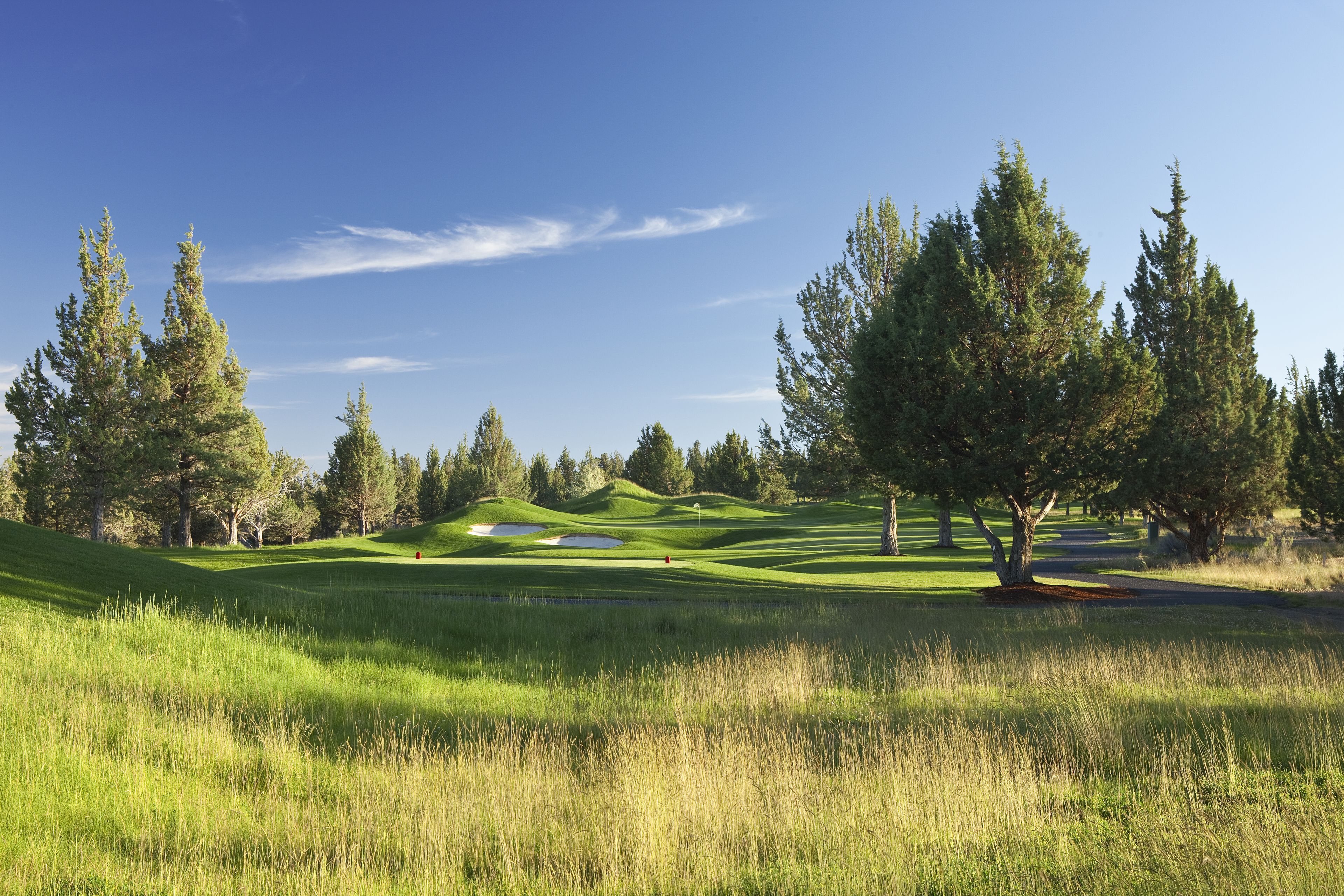 Un campo da golf tra dolci colline, alberi e un cielo azzurro limpido.