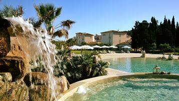 Outdoor pool, pool umbrellas, pool loungers