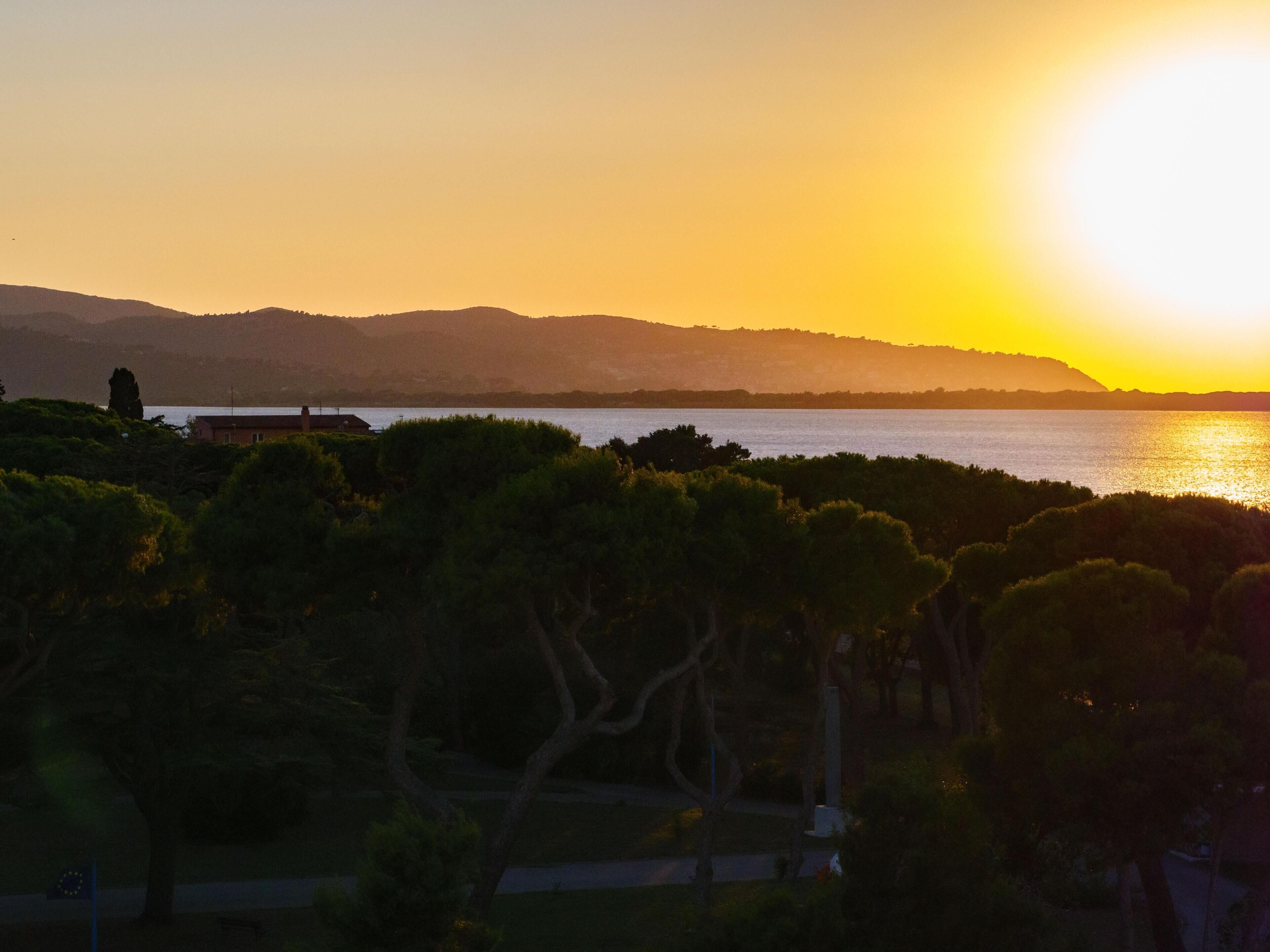 Une vue sur le coucher de soleil au-dessus d’une étendue d’eau, avec des arbres au premier plan.
