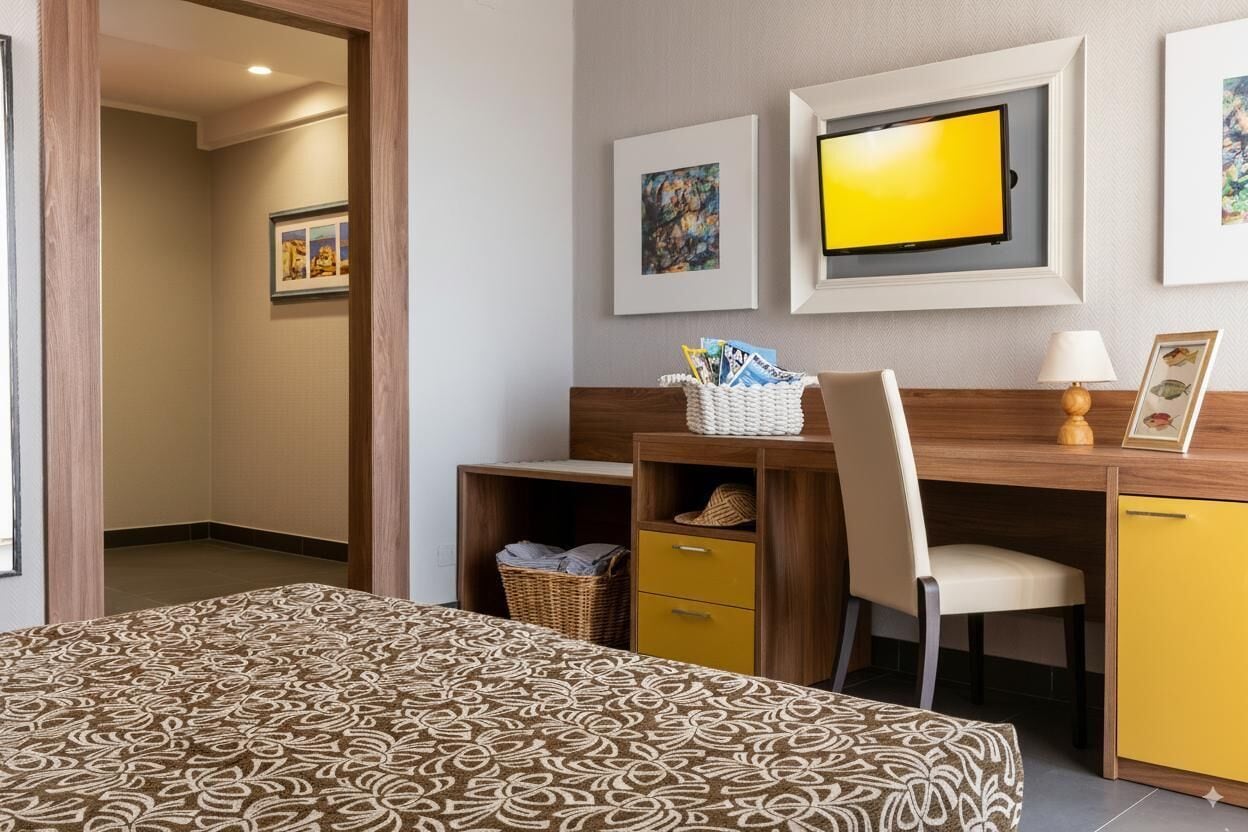 Una habitación de hotel con una cama, un escritorio con una silla, un televisor y obras de arte en la pared.