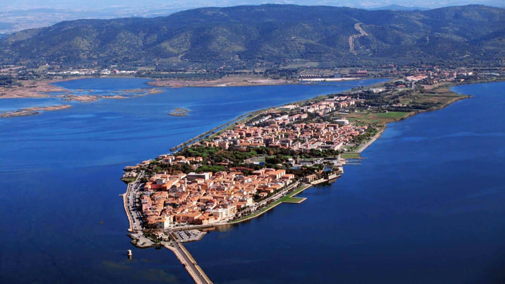 An aerial view of a coastal town with a dense cluster of buildings, a marina, and a bridge connecting to the mainland.