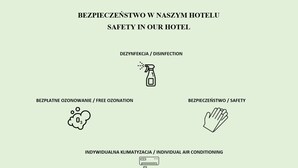 Cartel de información de seguridad del hotel con iconos para desinfección, ozono libre, seguridad y aire acondicionado individual.