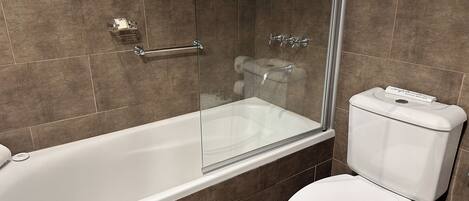 Un baño con ducha envuelta en vidrio, una bañera blanca y un inodoro.