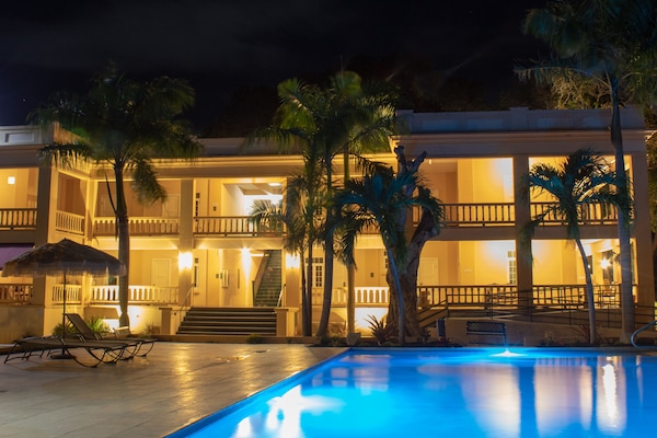 Piscina externa, piscina no terraço, espreguiçadeiras