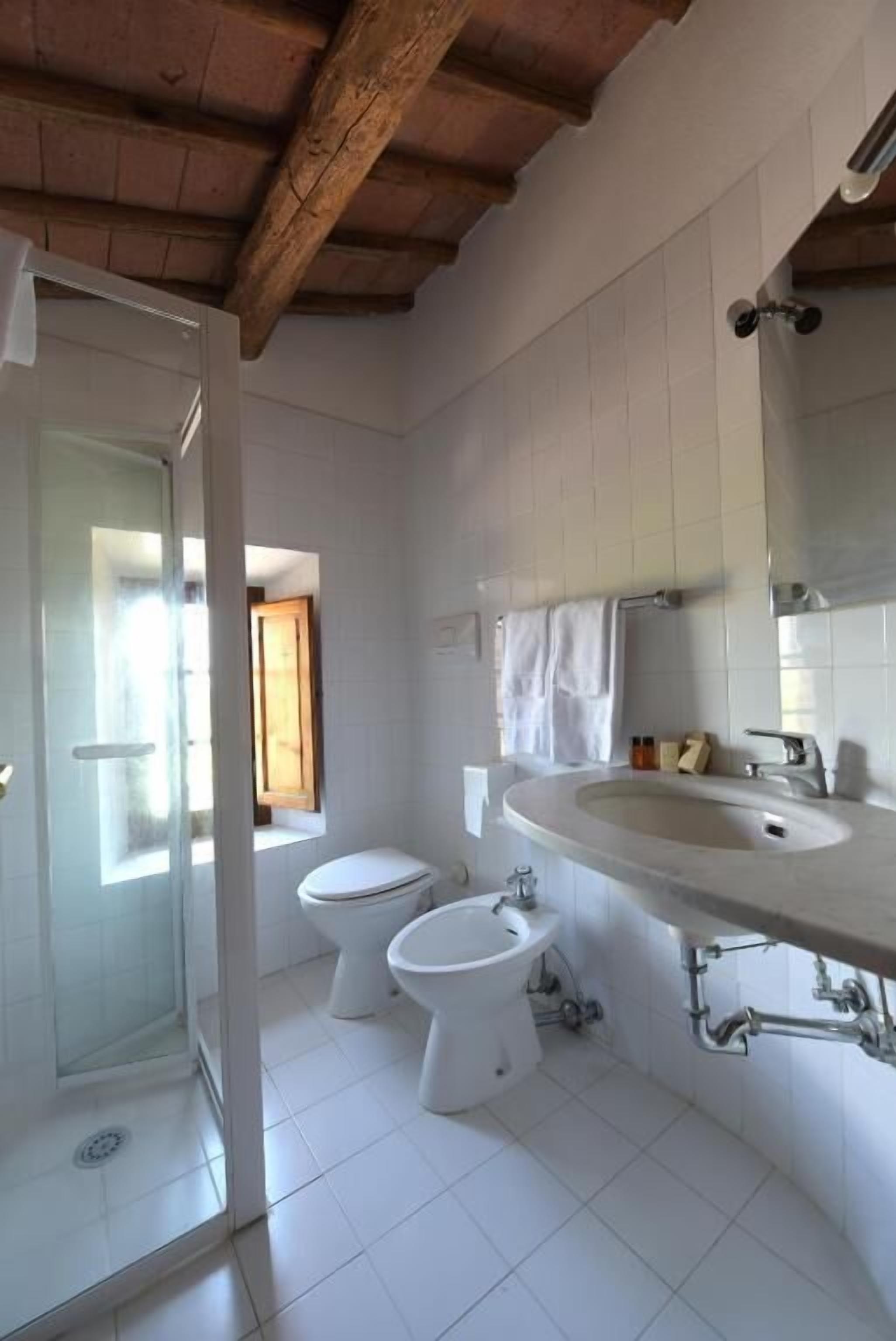 A bathroom with a large sink, two toilets, and a shower.