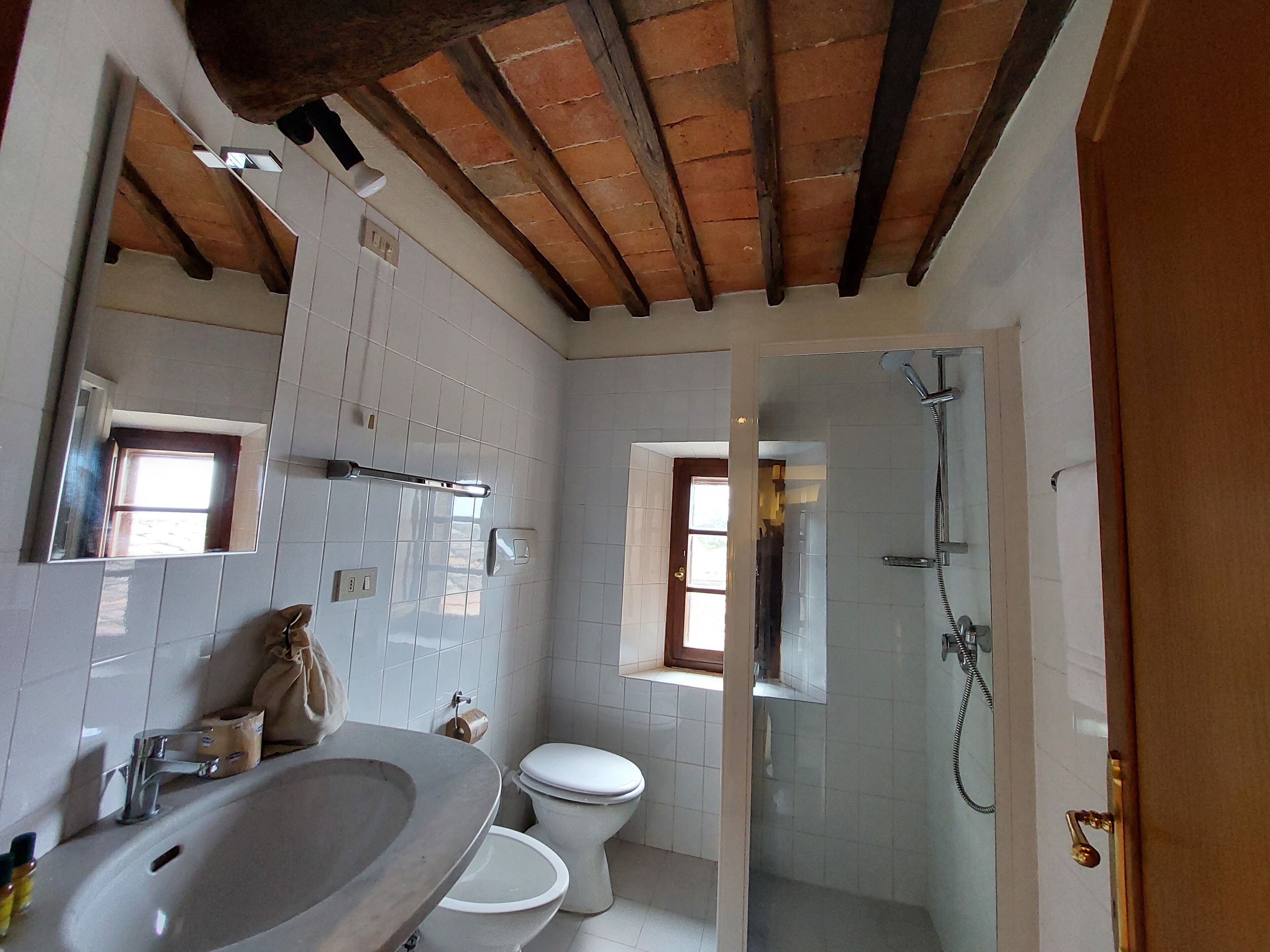Un bagno con un lavandino ampio, un water e una doccia.