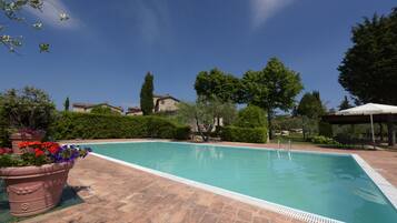 Seasonal outdoor pool, open 9:00 AM to 7:30 PM, pool umbrellas