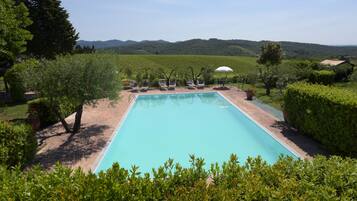A rectangular swimming pool with lounge chairs and umbrellas, surrounded by lush greenery and vineyards, with hills in the background.