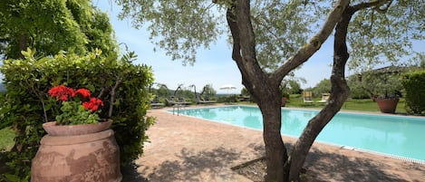 Una piscina al aire libre de temporada, sombrillas