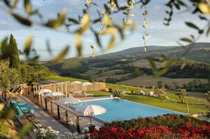 Area piscina con lettini e ombrelloni, circondata da un giardino curato con fiori rossi.