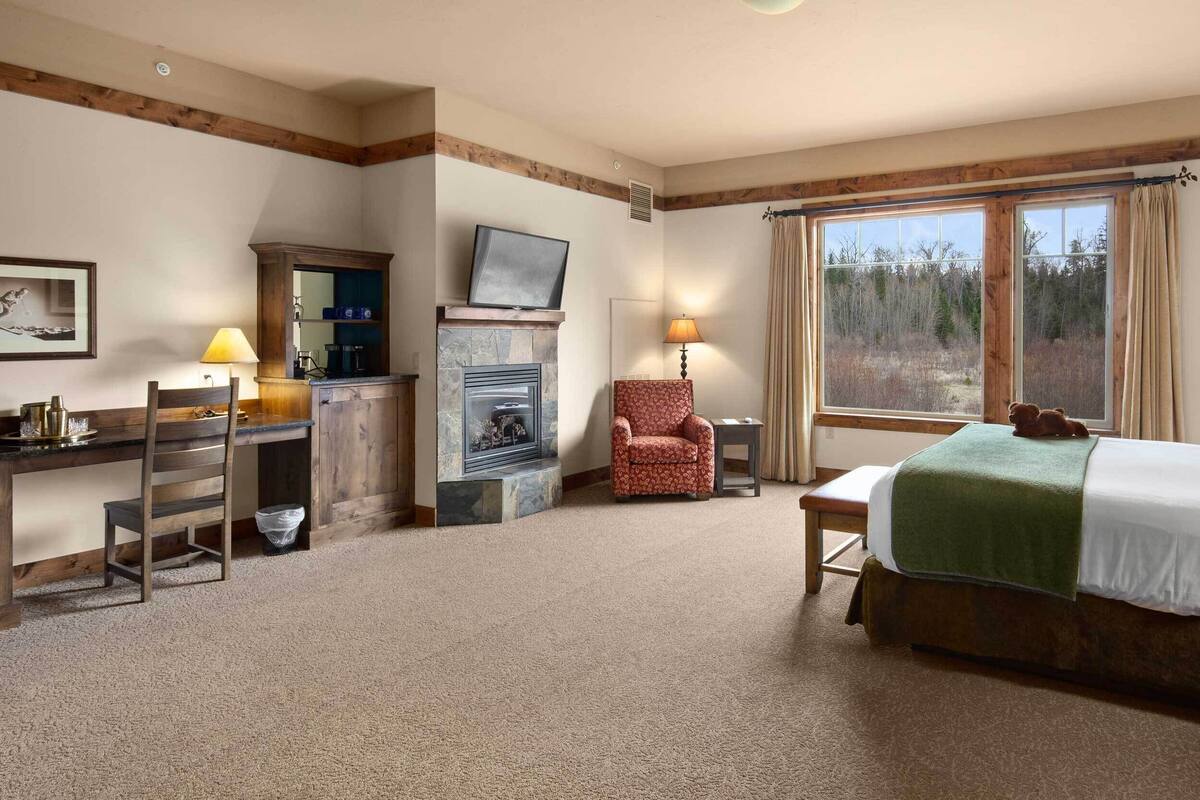 A hotel room with a bed, a desk with a chair, a fireplace, a television, and a window with a view of trees.