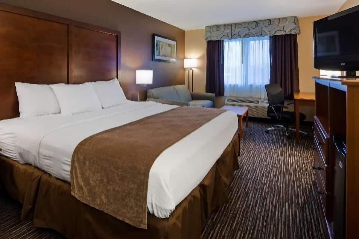 A hotel room with a large bed, a desk, a chair, a television, and a window with curtains.